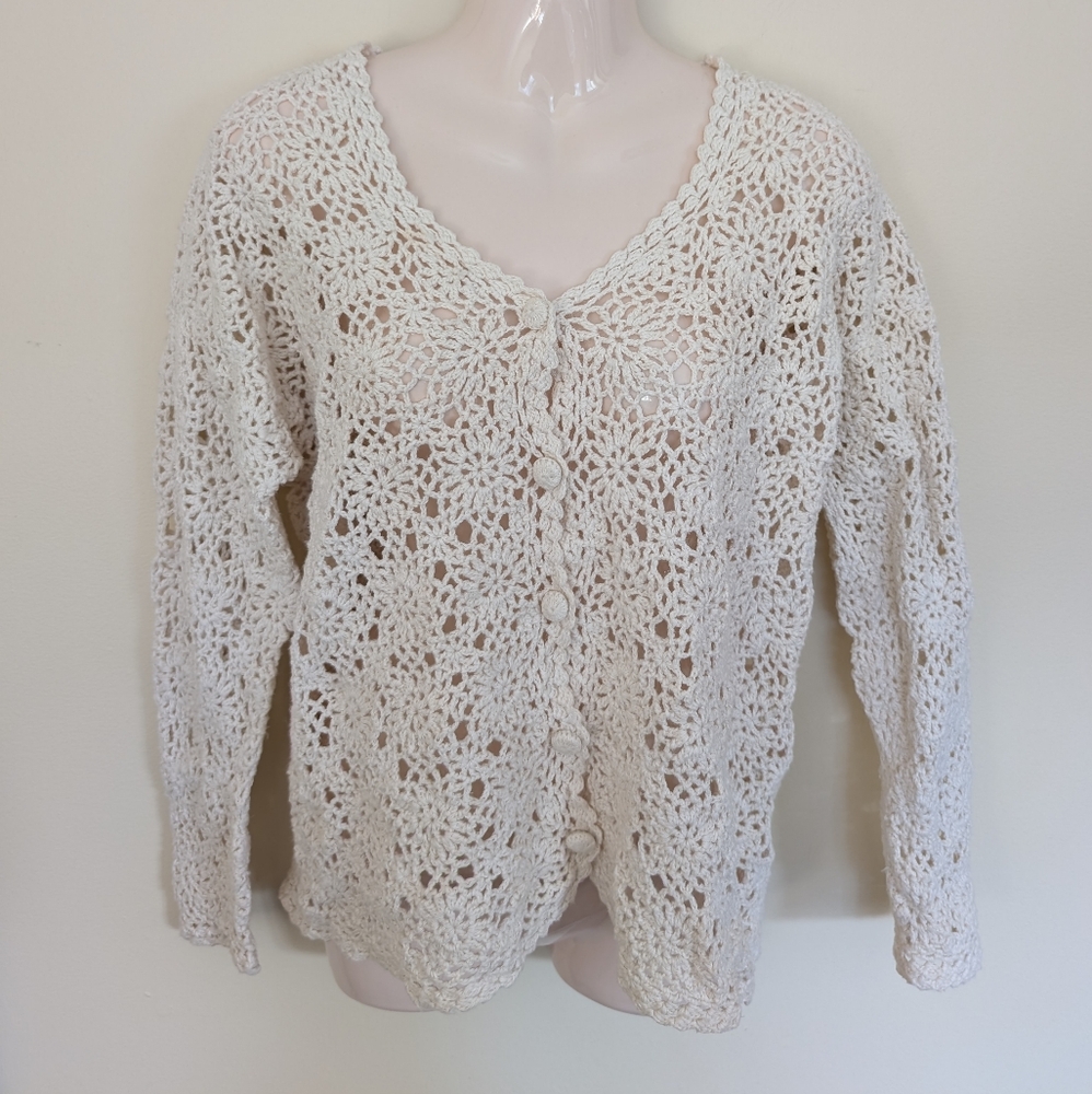Vintage Crochet Floral Cardigan Sweater Ivory